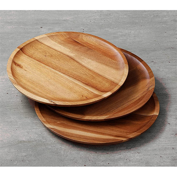 Acacia Wood Dinner Plates%2C 11 Inch Round Wood Plates%2C Easy Cleaning (Natural Wood (Set Of 3)) 